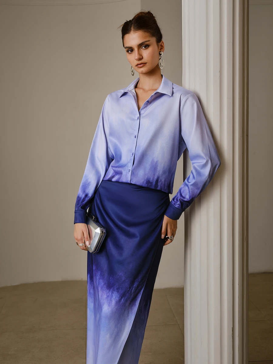 ZEYLAH Women's Gradient Color Long Sleeve Top And Skirt Casual 2 Pieces Set - Purple - View 1