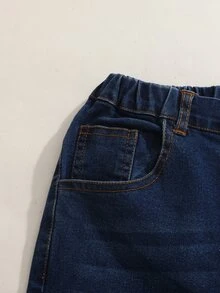 SHEIN TWEEN GIRLS 青少年女孩牛仔褲，復古水洗色，街頭時尚，水洗磨損破洞下擺，喇叭褲腿款，百搭時尚新品 - 深色水洗藍 - 查看 6