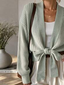 Balvessa Vertical Ribbed Texture Deep V Open Front Dropped Shoulder Ribbed Cuff Long Sleeve Side Slit Front Tie Knot Cropped Casual Women's Cardigan - Green - View 5