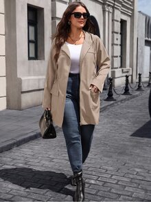 EMERY ROSE Plus Size Women's Autumn Casual Cinched Waist Black Lightweight Hooded Trench Coat With Pockets Fall - Khaki - View 7