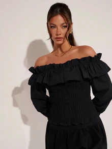 COSMINA Women's Casual Sexy Elegant Ruffle Long Sleeve Top Halloween Party Going Out Black Autumn - Black - View 6