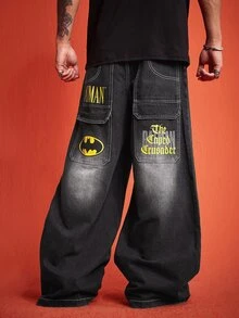 ROMWE MEN Batman X ROMWE بنطلون جينز رجالي بقصة فضفاضة وطبعة تعاونية - الأسود - مشاهدة 3
