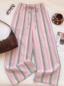SHEIN EZwear 女款休閒綁帶腰直筒長褲，適合夏季 - 彩色 - 查看 4
