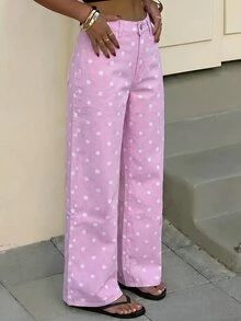 SHEIN Tall 女款圓點印花寬腿牛仔褲 - 粉色 - 查看 6
