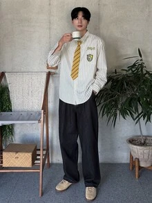 DAZY 男士字母印花條紋時尚長袖襯衫 - 黃色 - 查看 3