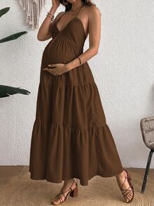 Cheriluna Maternity Comfortable Halter Backless Maternity Dress - Rust Brown - View 5