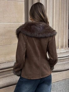Aloruh Jaket Bulu Imitasi Wanita Lengan Panjang Slim Fit Warna Kopi Elegan - Coffee Brown - View 2