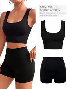 SHEIN Velisys Regular Fit Backless Straight Strap Waist-Cinched Butt-Lifting Ribbed Knit Black Sports Bra Shorts Set Fitness/Yoga Workout Gym Summer - Black - View 1