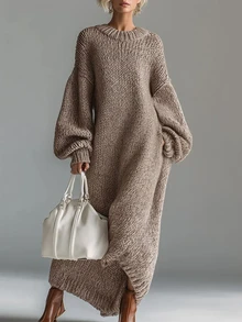 LUMIGAL Đầm len dệt kim nữ màu trơn phong cách thường ngày dự tiệc - Màu Khaki - Xem 1