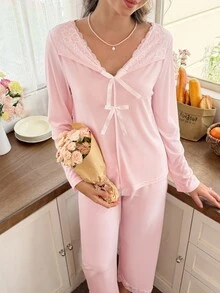 Snug Reverie Women's Light Pink V-Neck Large Bow Lace Trim Soft Comfortable Ribbed Knit Fabric Sweet Fresh Long Sleeve Pants Set - Baby Pink - View 2