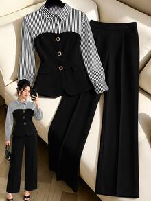 GlowEve CURVE Plus Size Women's New Striped Patchwork Lapel Metal Button Long Sleeve Shirt And Trousers 2-Piece Set, Minimalist Elegant Versatile Office Outfit, Spring/Autumn - Black - View 1
