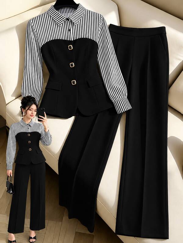 GlowEve CURVE Plus Size Women's New Striped Patchwork Lapel Metal Button Long Sleeve Shirt And Trousers 2-Piece Set, Minimalist Elegant Versatile Office Outfit, Spring/Autumn