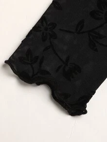 SHEIN 兒童青少年女孩休閒優雅街頭風蕾絲植絨網紗圓領長袖T恤附內搭背心，萬聖節套裝 - 黑色 - 查看 5