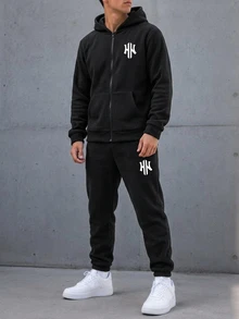 兒童 2 件組 青少年男孩休閒梭織緞帶秋季連帽拉鍊運動衫與運動長褲 - 黑色 - 查看 7