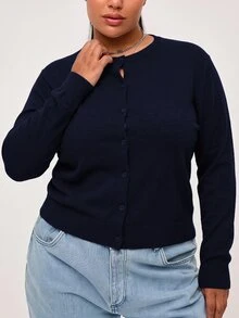 SHEIN BASICS Casual Solid Color Long Sleeve Cardigan Sweater, Plus Size In Fall Winter Clothes - Navy Blue - View 1