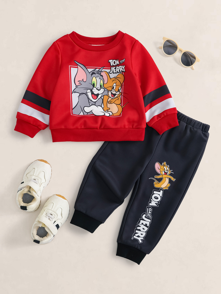 TOM & JERRY X SHEIN 女嬰卡通圖案圓領衛衣與長褲套裝 - 紅色 - 查看 1