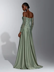 Elitara Elegant Olive Green Sequin Embroidered Strapless Mermaid Evening Gown With Long Gloves And Ruched Satin Overskirt For Wedding, Gala And Formal Party - Olive Green - View 3