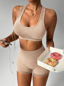 SHEIN Velisys Seamless Knit Tank Top & Shorts / Tank Top & Pants Matching Women's Sports Set - Khaki - View 7