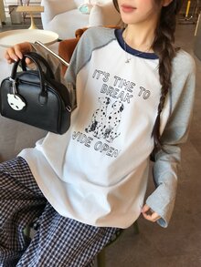 DAZY Women's Round Neck Long Sleeve Color Block Korean Style Girly Aesthetic T-Shirt Oversized Tshirts For Women Fall - Grey - View 6