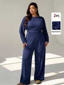 Auralis Blue Two-Piece Set Featuring A Round-Neck, Batwing-Sleeve Top With A Gathered Waist And Loose-Fitting Trousers With An Elastic Waistband-A Comfortable - Navy Blue - View 5