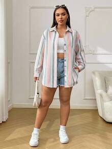 SHEIN EZwear 大尺碼女款條紋拼接休閒日常穿著襯衫 - 彩色 - 查看 5