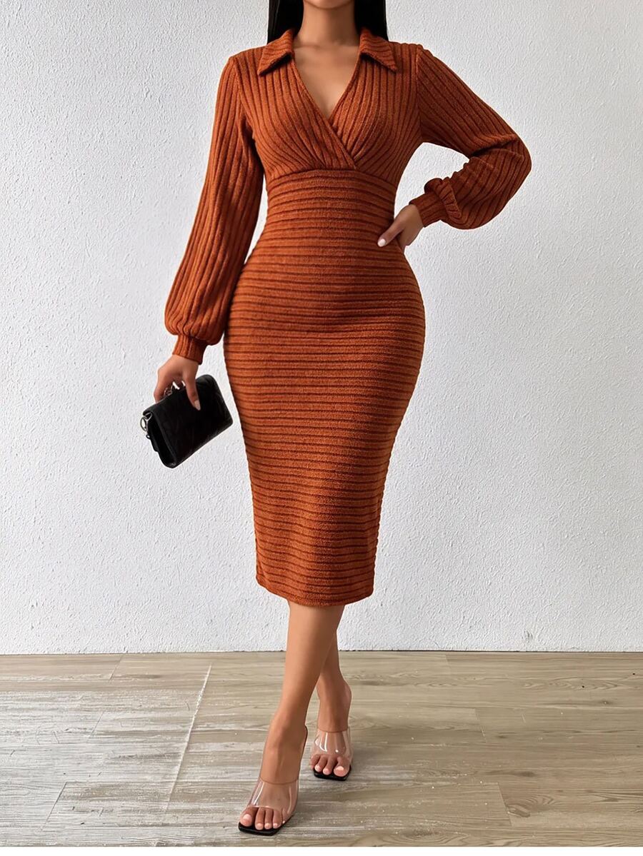 SHEIN Lady Gaun Midi Polos Pas Badan untuk Wanita, Cocok untuk Perjalanan Sehari-hari - Rust Brown - View 1