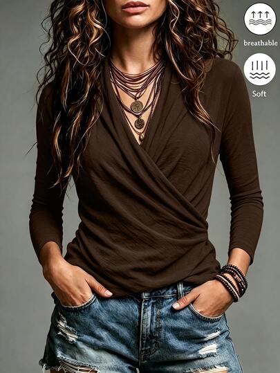 Balvessa Women's Brown Cross Waist Versatile Knit Top