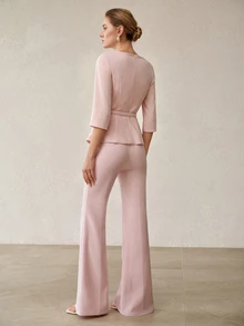 MOTF PREMIUM FASHIONABLE ELEGANT SLIMMING WAIST TOP WITH ASYMMETRICAL HEM AND EXQUISITE WOMEN'S COMMUTER LONG PANTS TWO PIECES SET - Pink - View 2