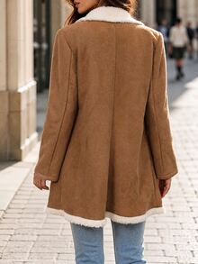 Editum 女款保暖內裡休閒百搭日常穿著長袖夾克，棕色條紋冬季感恩節旅行日常款 - 卡其色 - 查看 2