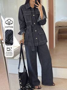 DAZY Teen Girl Button-Up Pocket Long Sleeve Jacket And Striped Long Pants Denim Set Fall - Dark Wash - View 7