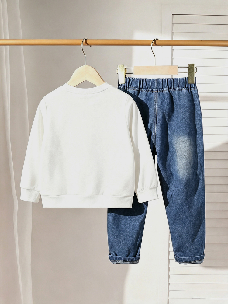 2pcs/Set Boys KING Letter Print Faux Denim Patchwork Crew Neck Sweatshirt + Distressed Real Denim Jogger Pants, Long Sleeve Pullover, Elastic Waist Jeans, Autumn Children's Two Pieces Set - Multicolor - View 2