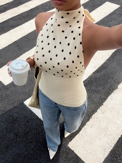 Siren Gaze Women's Fall Polka-Dot Knit Tank Top With High Neck-Suitable For All Seasons, Casual Outings, Y2K Style, Back-To-School, Outings, And Music Festivals
