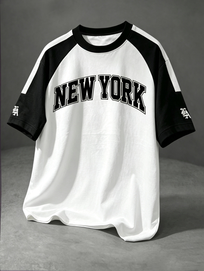 Manfinity EMRG Men Raglan Color Block Tee, New York Letter Printed Street Style Round Neck Street Style Short Sleeved Casual Work T-Shirt