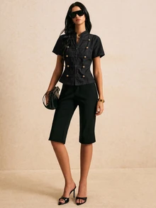 Poéselle Women's Fashion Double-Breasted Short Sleeve Denim Top - Black - View 5