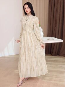 Yasmyna فستان عربي نسائي بتصميم بسيط مع أزرار وفتحة نصفية وأكمام طويلة - متعدد الألوان - مشاهدة 5
