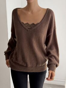 DAZY Women's Vintage Fashion Lace Patchwork Long Sleeve Sweater Fall - Brown - View 5