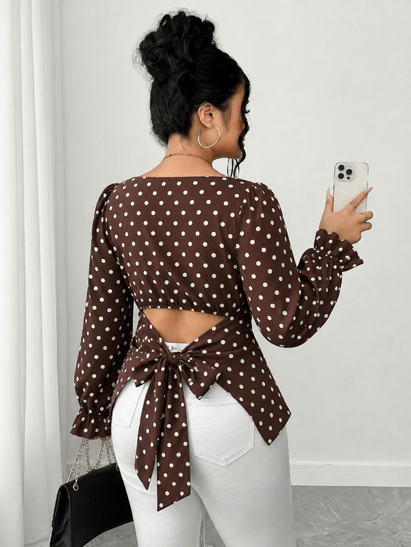 Nubod Plus Size Women's White Polka Dot Brown Base Vintage Print Puff Sleeve Ruffle Cuff Casual Dress, Suitable For Daily Office Commute, Afternoon Tea Date, Shopping, Short Trip, Casual Gathering With Friends