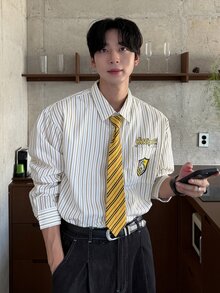 DAZY 男士字母印花條紋時尚長袖襯衫 - 黃色 - 查看 7