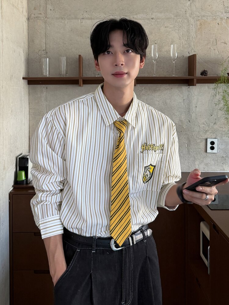 DAZY Men's Letter Print Striped Fashion Long Sleeve Shirt - Yellow - View 7
