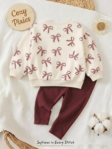 Baby Girl Casual Minimalist Loose Round Neck Sweatshirt & Elastic Waist Long Pants Set, Suitable For Autumn/Winter - Multicolor - View 2