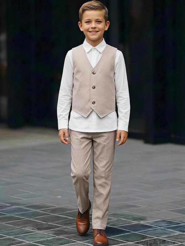 SHEIN 3pcs Kids Tween Boy Casual Comfortable Long Sleeve White T-Shirt Polo Shirt + Khaki Vest + Suit Pants Gentleman Outfit Set, Suitable For Spring, Summer, Autumn, Winter, Outings, Dates, Travel, Vacation, Family Gatherings, Back To School, Wedding Season, Evening Parties, Sports, Birthday Parties