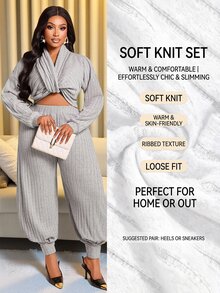 Brilight Grey Ribbed Knit 2 Pieces Loungewear Set V Neck Long Top High Waist Jogger Pants For Daily Lounge Str - Grey - View 5