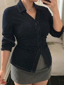 Dazy Plus Atasan Denim Lengan Panjang Berkerah dengan Pinggang Elastis dan Belahan di Bagian Bawah, Gaya Kasual Urban Elegan, Cocok untuk Musim Gugur, Pergi ke Klub Malam - Dark Wash - View 6