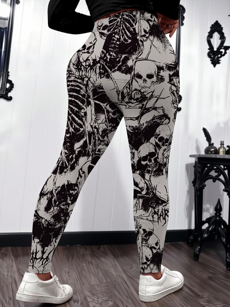 Breezaya Plus Size Women Halloween Gothic Skeleton Skull All Over Print Leggings, High Stretch Slim Fit, Punk Party Costume Dark Grunge Going Out Pants - Multicolor - View 2