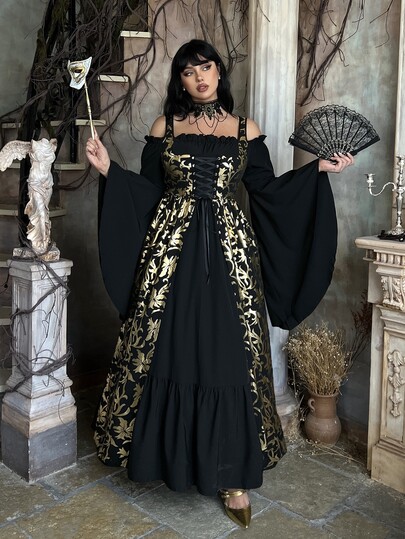 Lyrianda Gaun Cosplay Ratu Abad Pertengahan Elegan Ukuran Besar, Gaun Putri Ekstra Panjang Bervolume Model A-Line dengan Ikat Pinggang dan Leher Persegi, Lengan Panjang Kontras Hitam & Emas, Gaun Wanita Ukuran Besar untuk Semua Musim Halloween