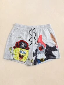 SpongeBob SquarePants | SHEIN Men's Plus Size Cartoon Print Casual Daily Shorts - Grey - View 1