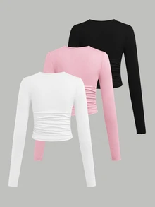 SHEIN Girlism 少女針織純色印花圓領荷葉邊長袖T恤3件套 - 彩色 - 查看 2