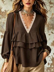 LUMIGAL Spring/Autumn Women's Lace V-Neck Ruffle Lantern Sleeve Casual Boho Blouse Dating Everyday Commuting Party Brown - Brown - View 7