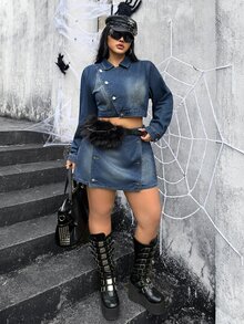 Jeanoix Jaket Denim Pendek Berkerah Lengan Panjang Ukuran Plus Gaya Y2K dengan Satu Kancing dan Sabuk, Atasan Crop Top dengan Bagian Perut Terbuka - Medium Wash - View 5