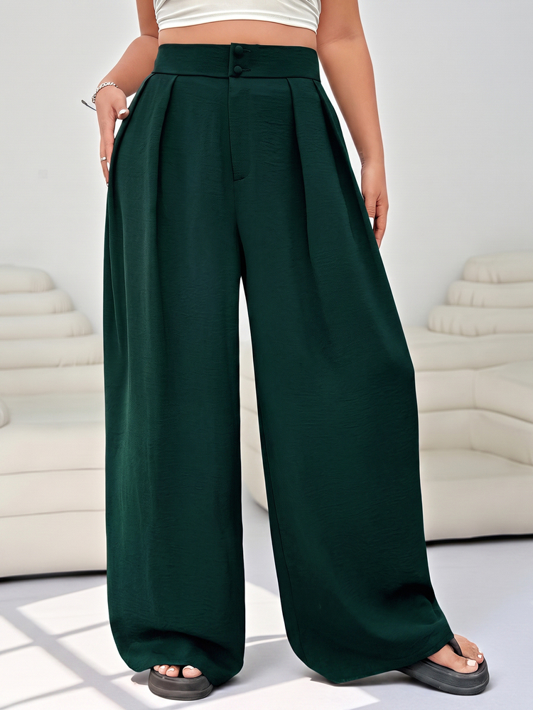 Solflare Pakaian Kantor Wanita Ukuran Plus, Celana Kasual Hitam Pinggang Tinggi Potongan Lurus, Minimalis & Bergaya - Dark Green - View 1